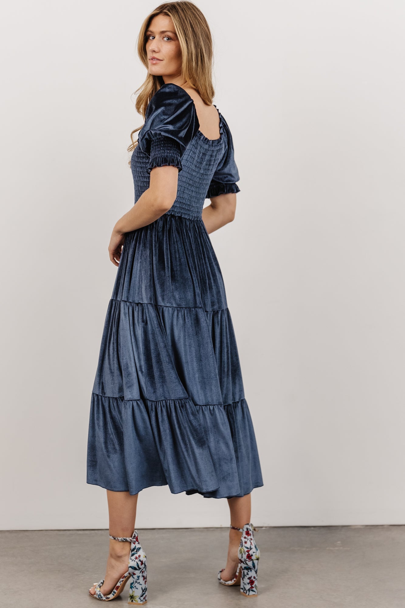 Velvet Smocked Tiered Midi Dress