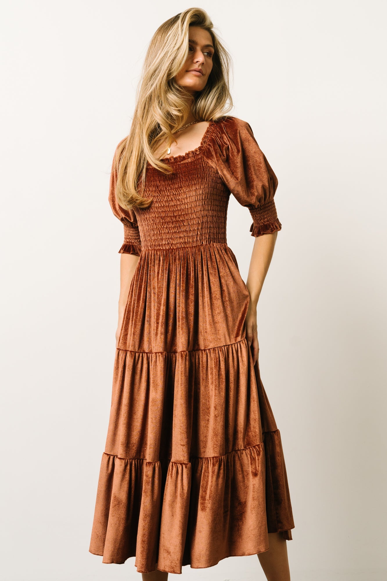 Vivaldi Smocked Velvet Midi Dress | Bronze - Baltic Born