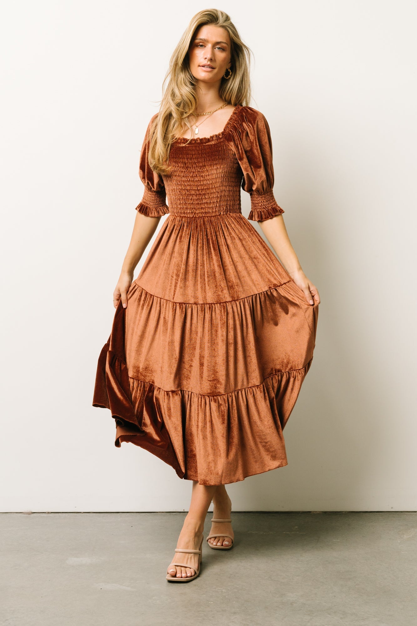 Vivaldi Smocked Velvet Midi Dress | Bronze - Baltic Born