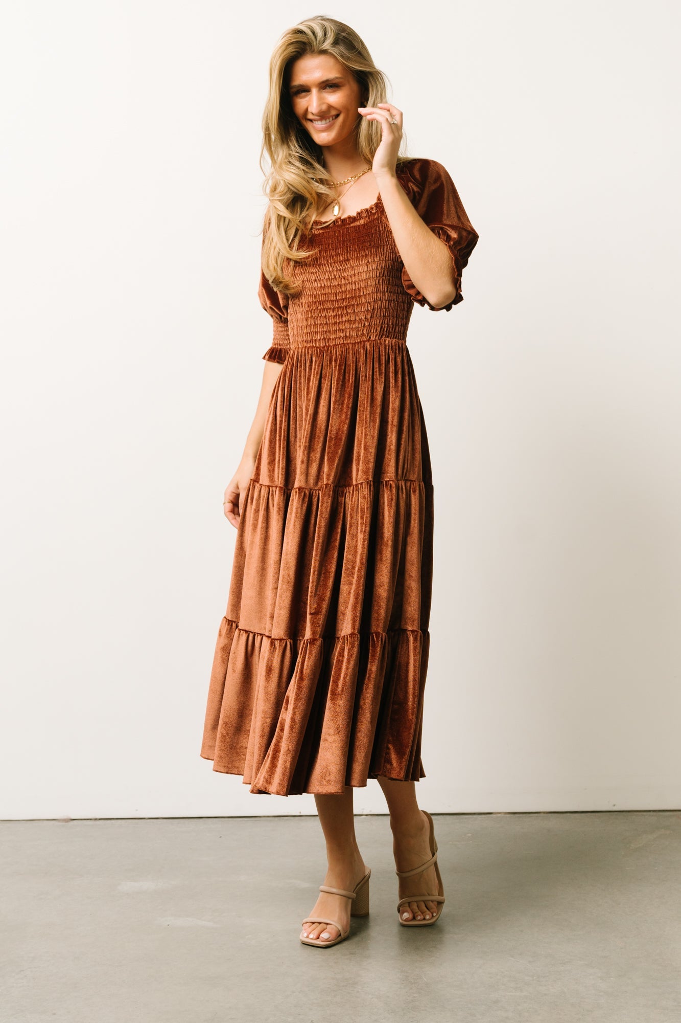 Vivaldi Smocked Velvet Midi Dress | Bronze - Baltic Born