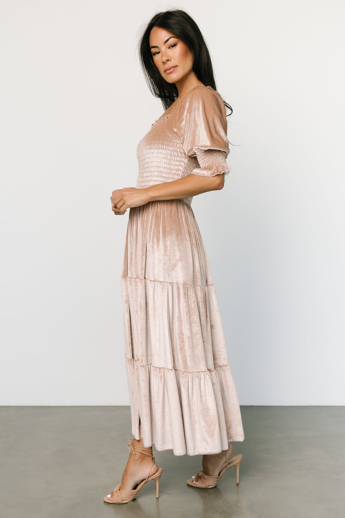 Vivaldi Smocked Velvet Midi Dress | Champagne - Baltic Born