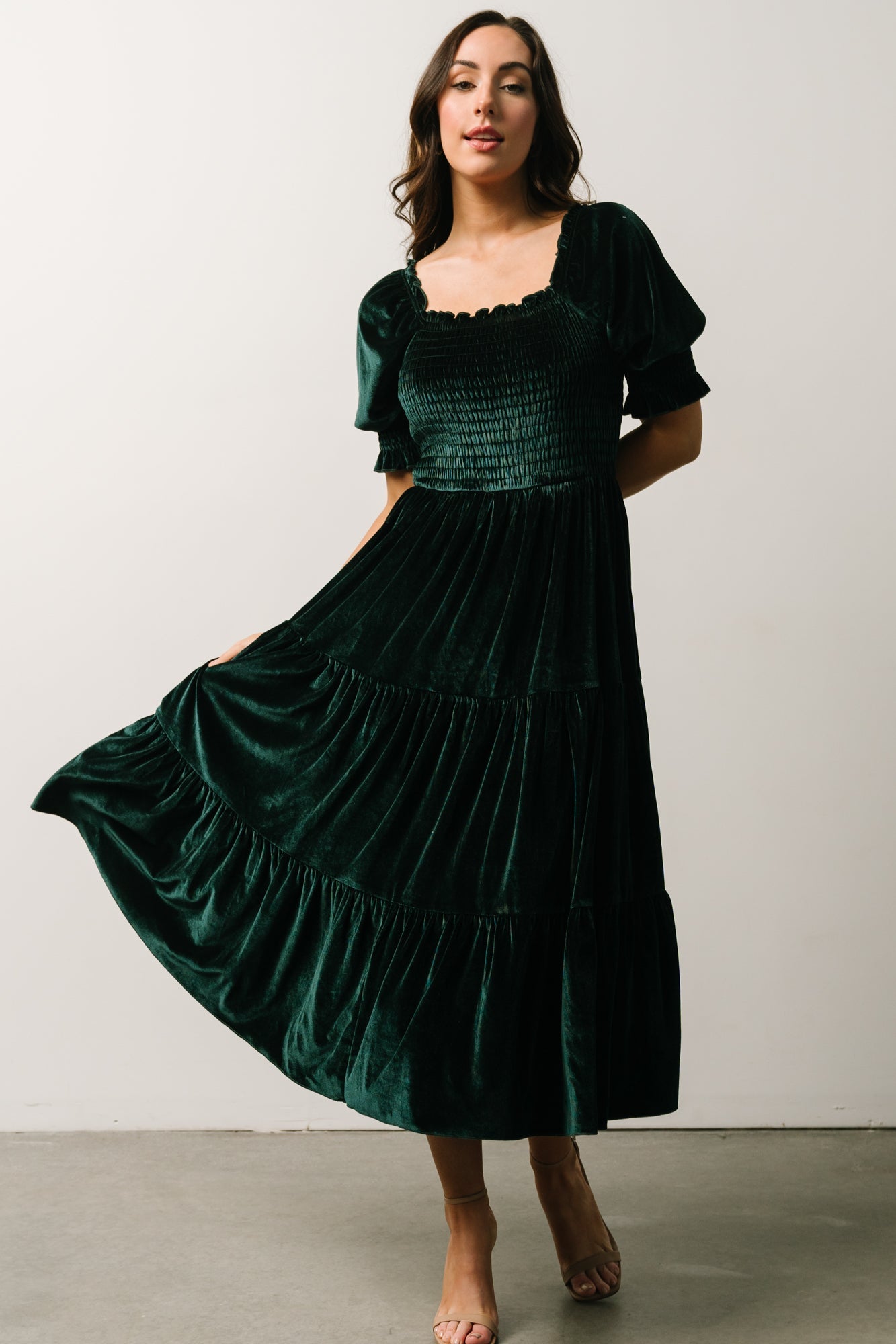 Vivaldi Smocked Velvet Midi Dress | Dark Green - Baltic Born