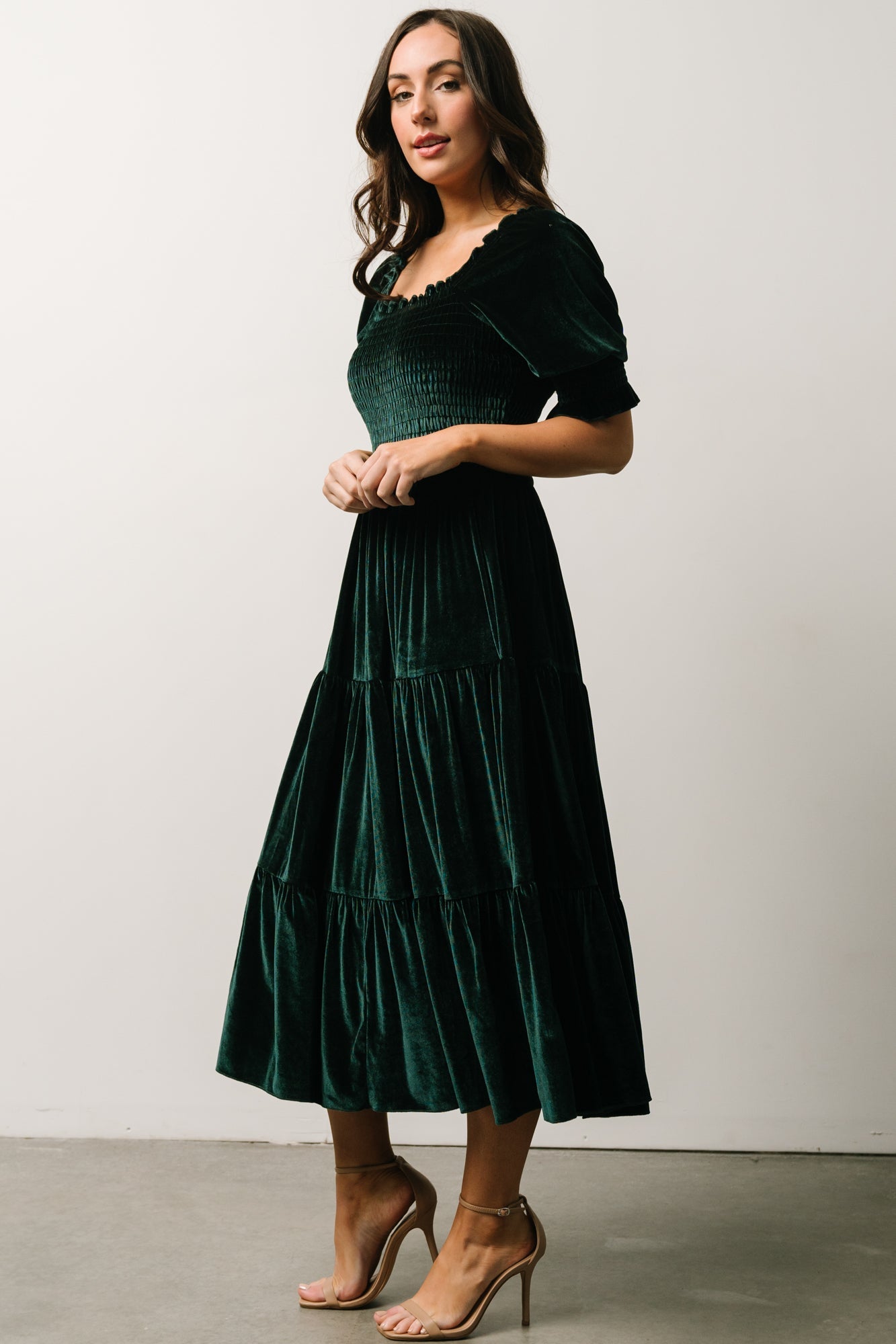 Vivaldi Smocked Velvet Midi Dress | Dark Green - Baltic Born