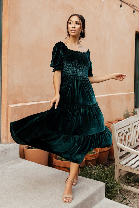 Vivaldi Smocked Velvet Midi Dress | Dark Green - Baltic Born