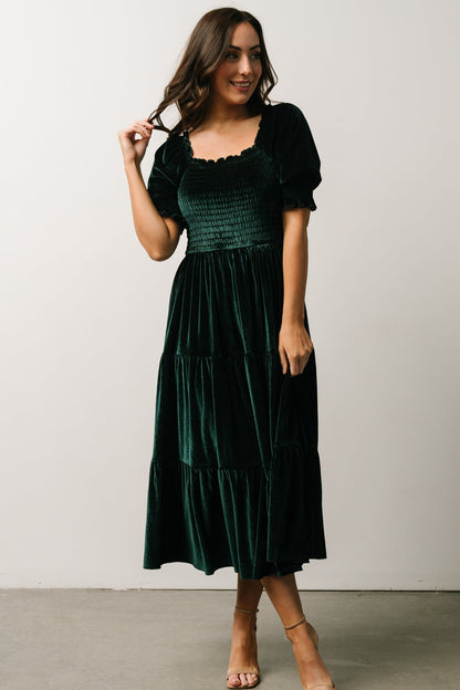 Vivaldi Smocked Velvet Midi Dress | Dark Green - Baltic Born