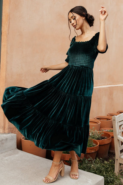 Vivaldi Smocked Velvet Midi Dress | Dark Green - Baltic Born