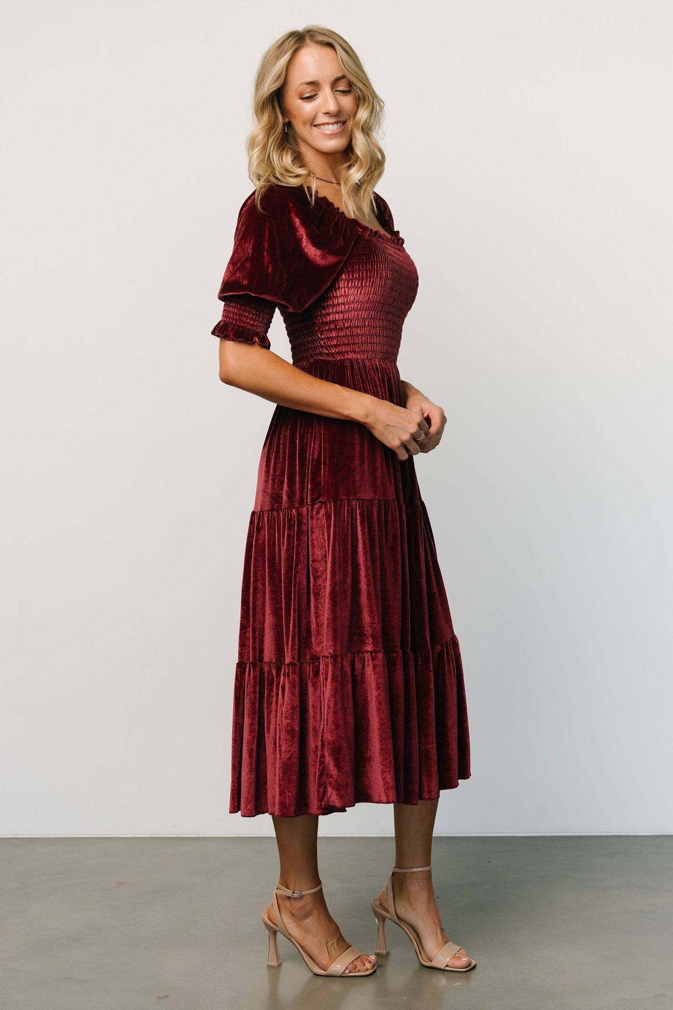 Davi & Dani Contrast Velvet Tape Smocking Bodice Midi Dress