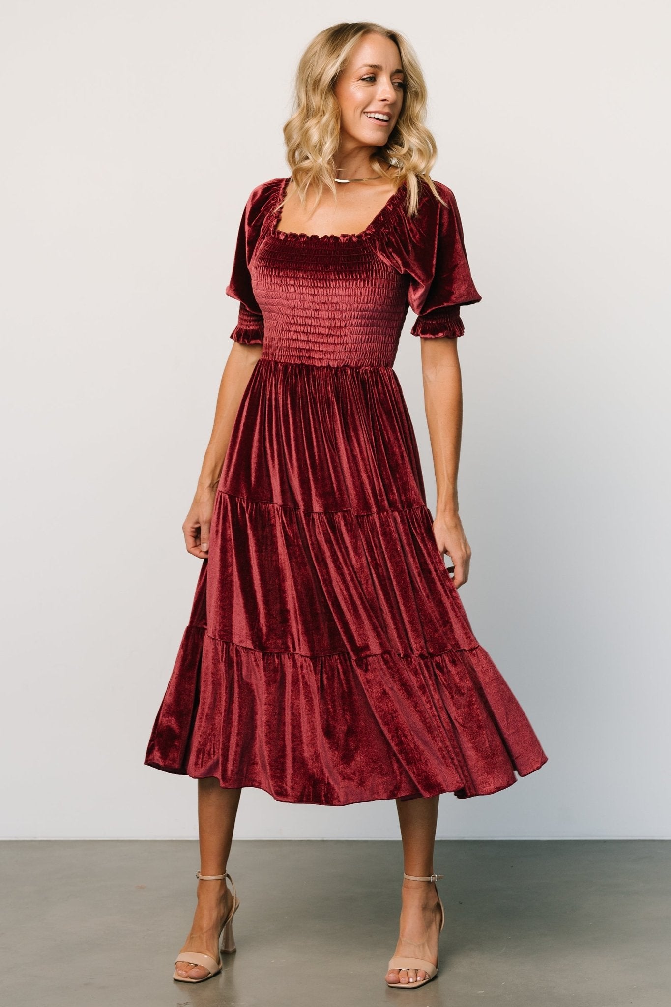 Vivaldi Smocked Velvet Midi Dress | Marsala - Baltic Born