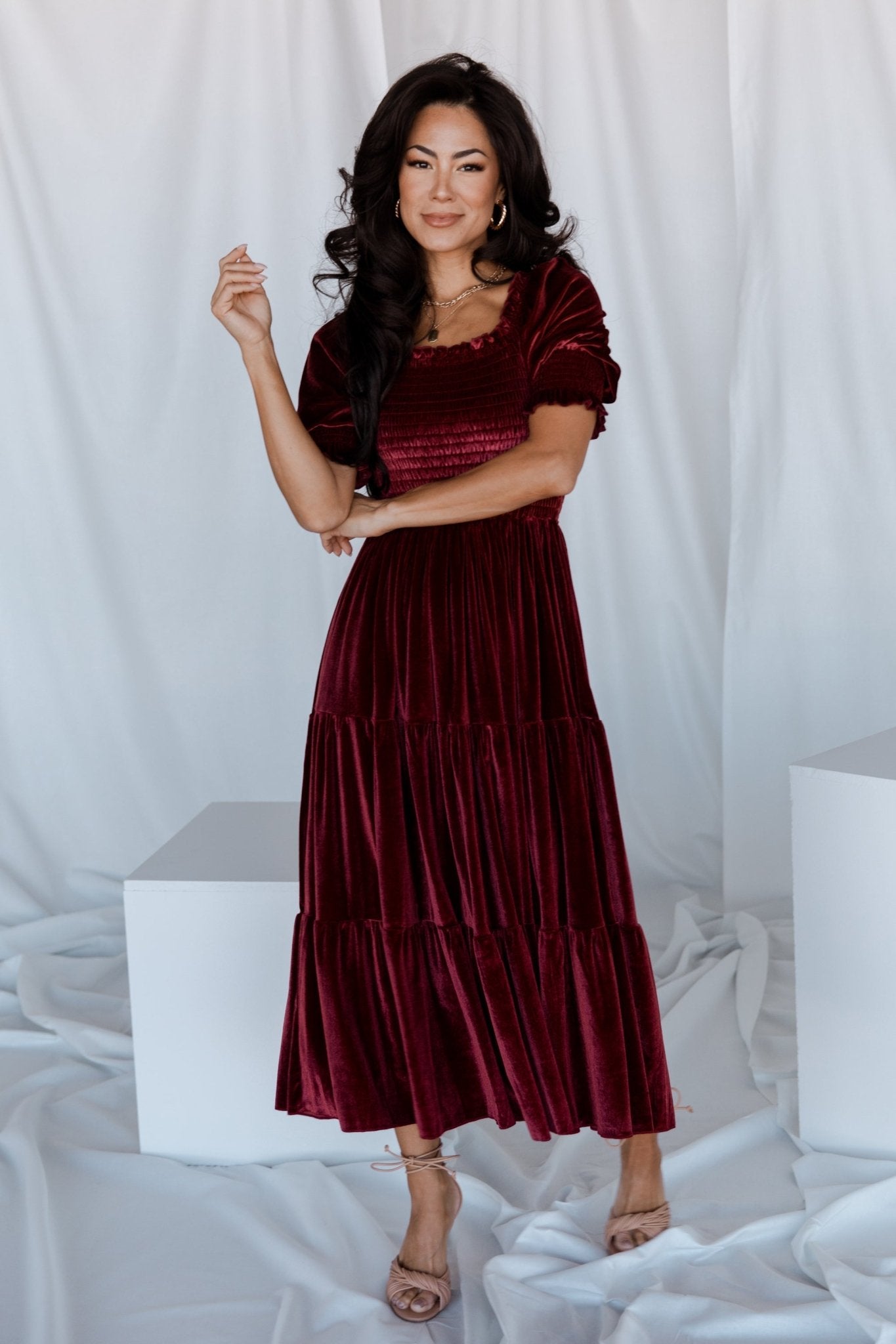 Vivaldi Smocked Velvet Midi Dress | Marsala - Baltic Born