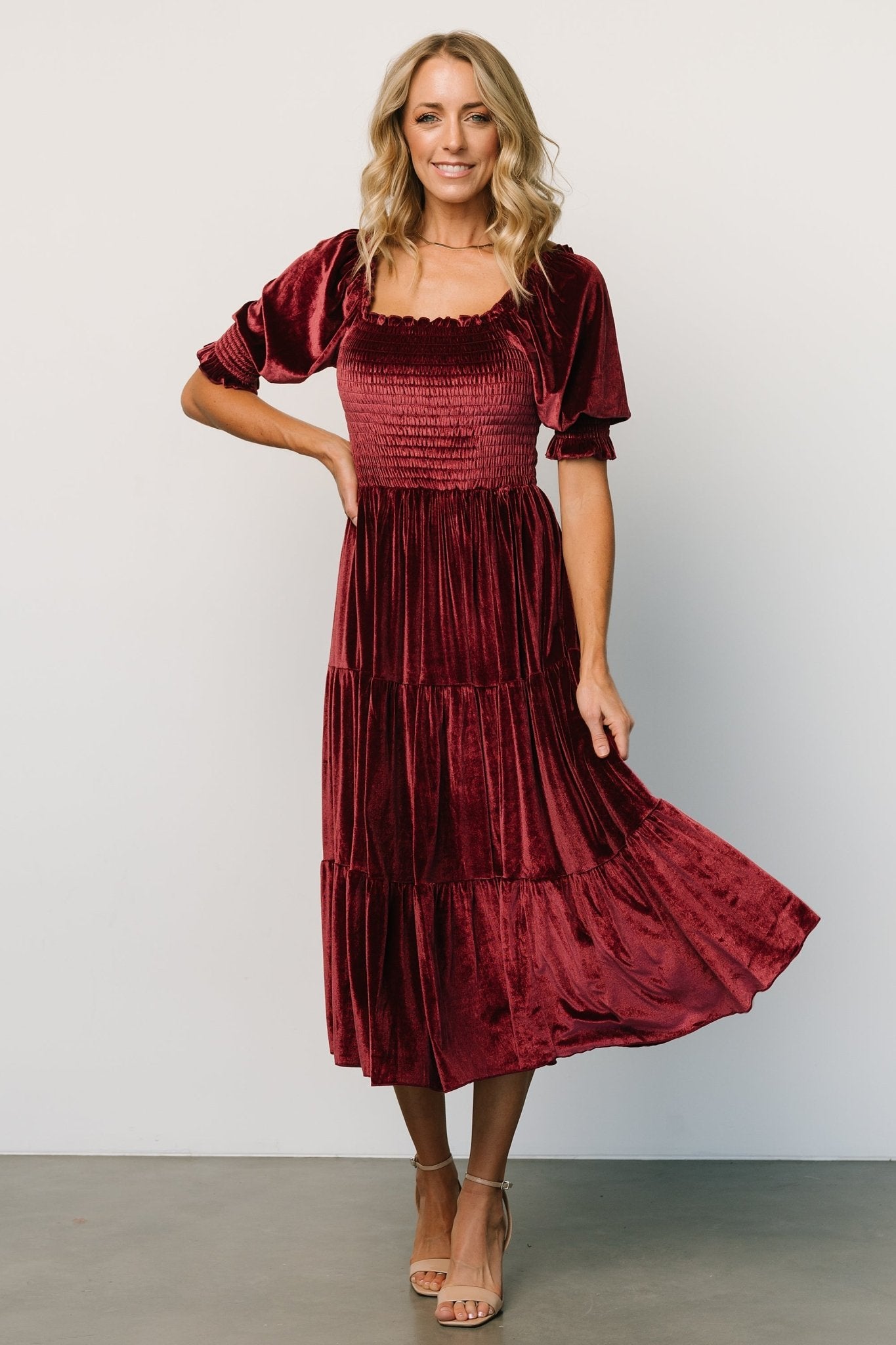 Vivaldi Smocked Velvet Midi Dress | Marsala - Baltic Born