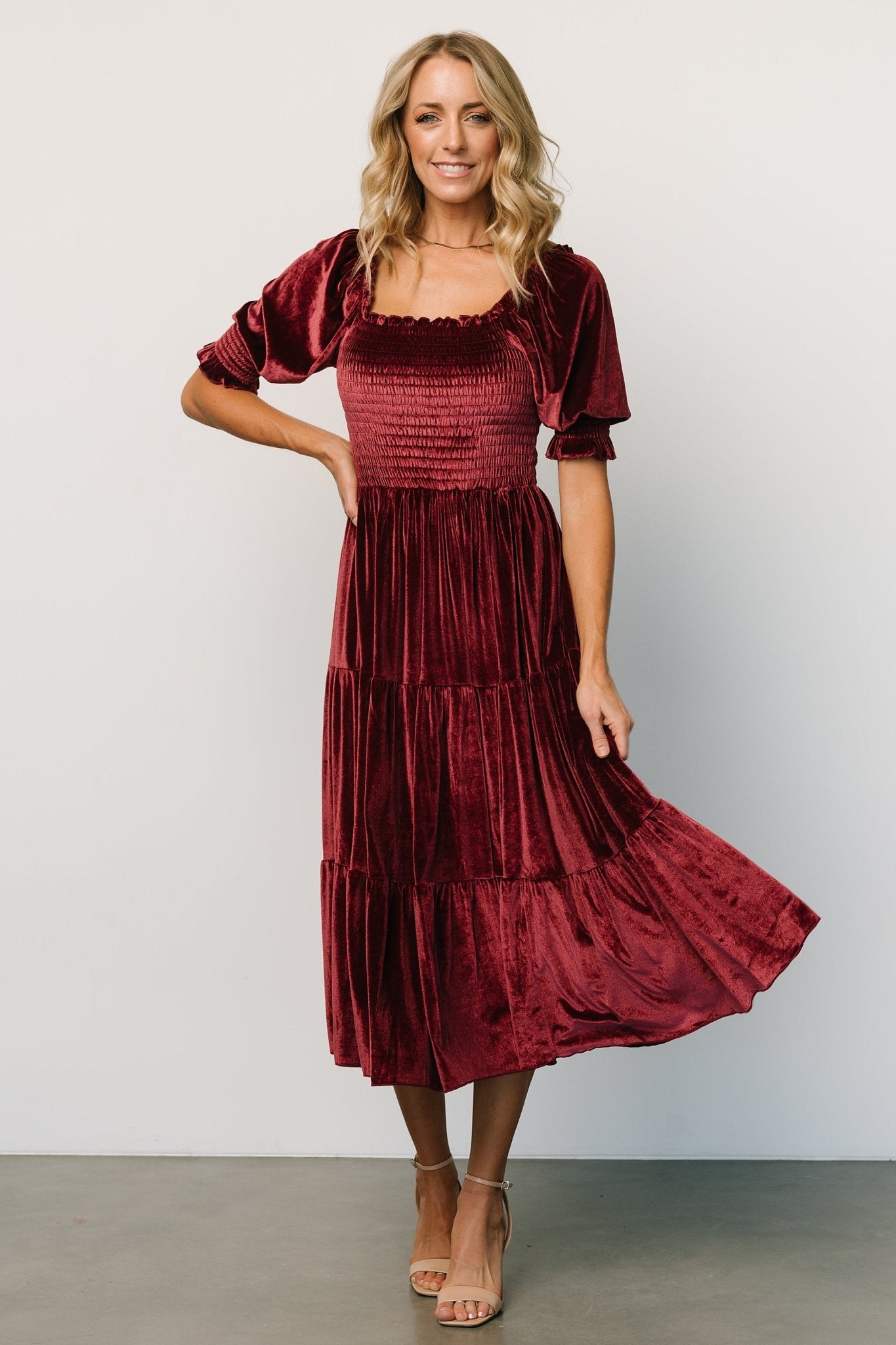 Frilled Neck Smocked Velvet Dress