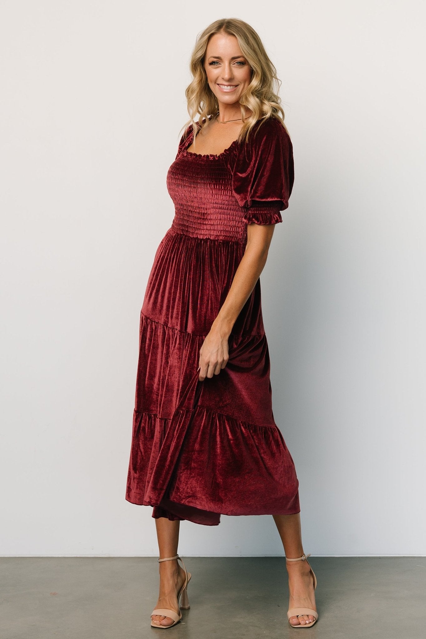 Vivaldi Smocked Velvet Midi Dress | Marsala - Baltic Born