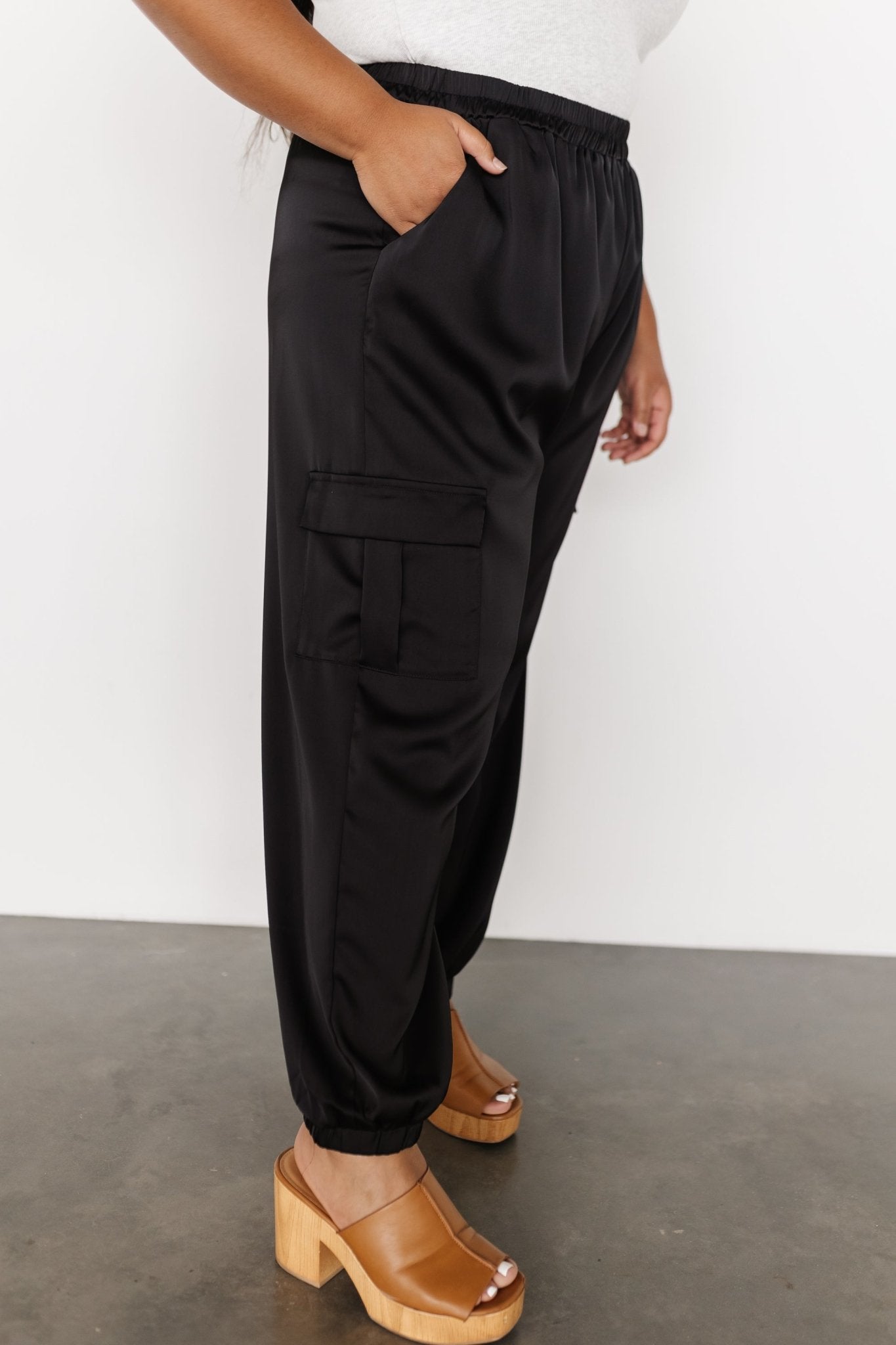 Black satin jogger pants clearance