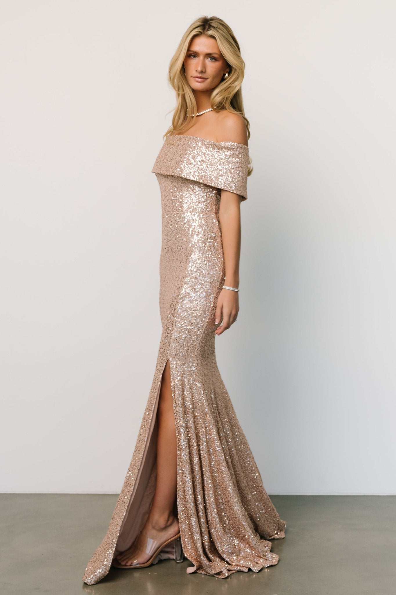 Yvonne Off Shoulder Sequin Gown | Champagne - Baltic Born